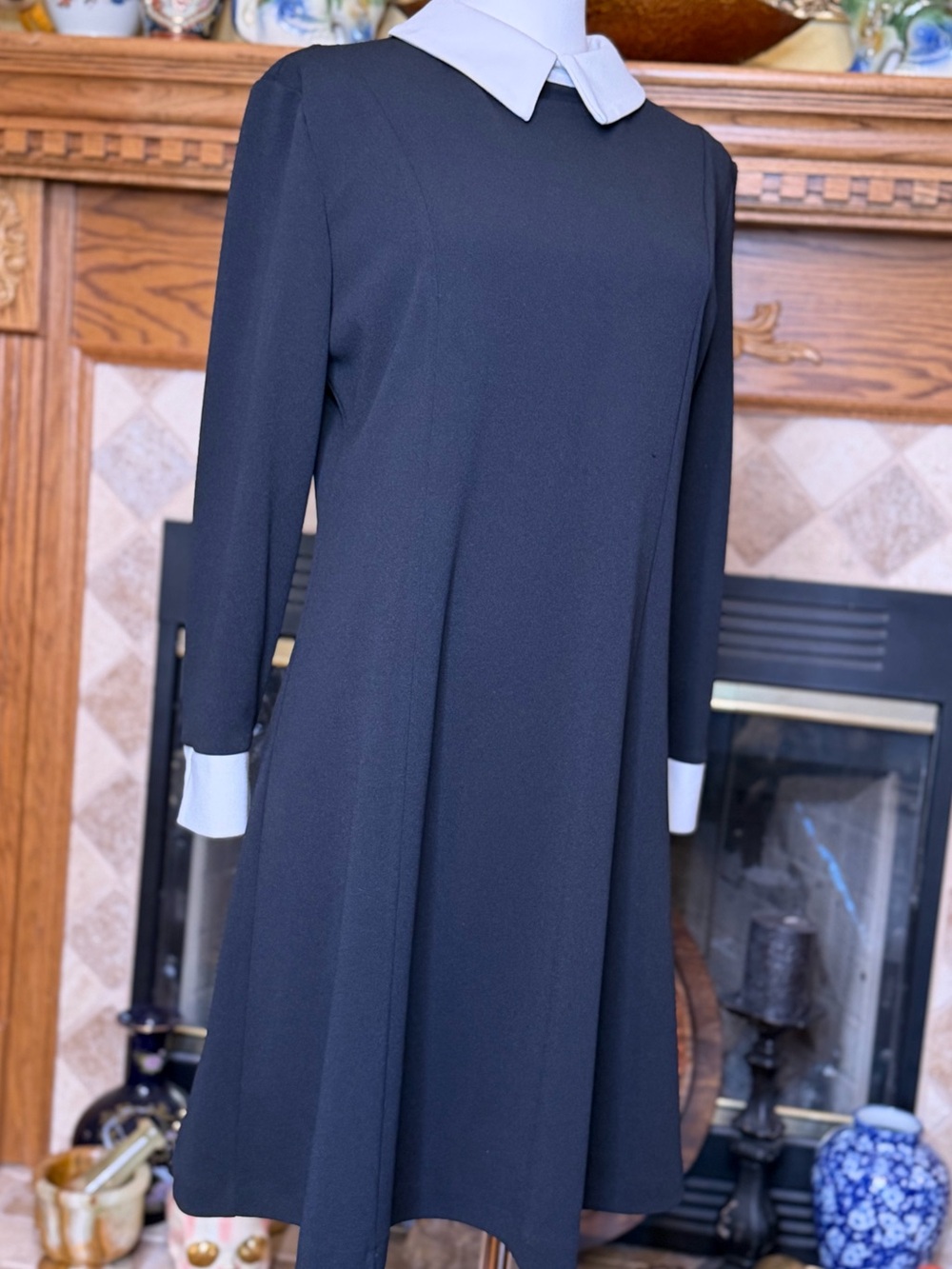 VTG Scarpa Black Long-Sleeve Dress with White Collar and Cuffs Wednesday Addams